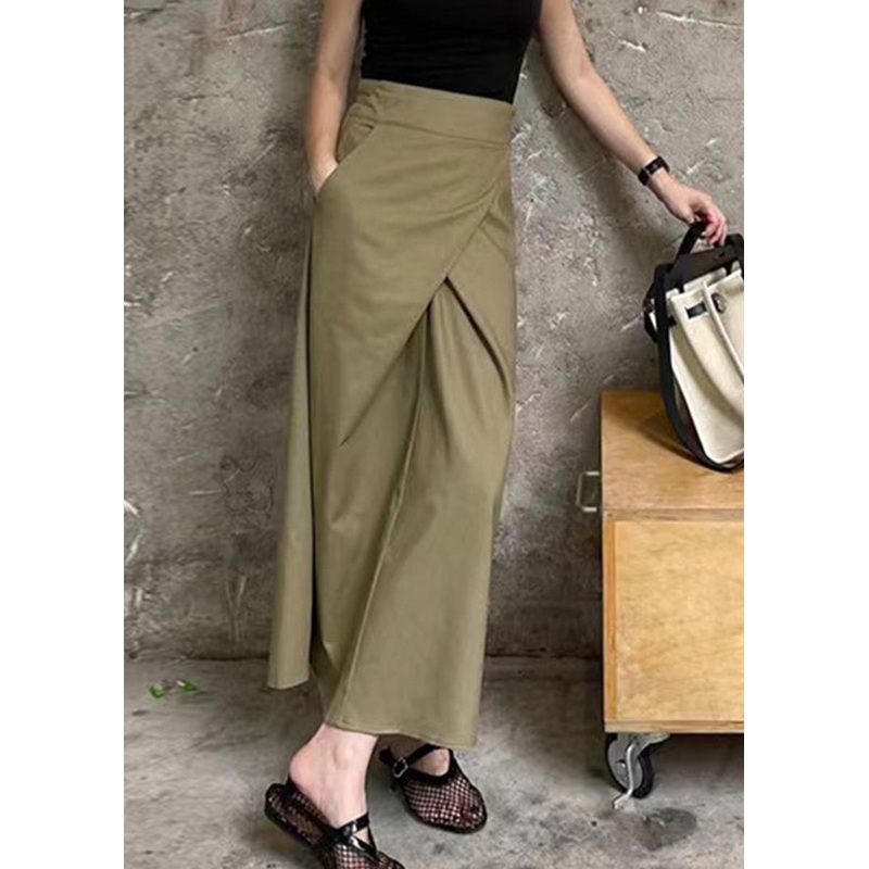 High Pockets Waist Khaki Casual Skirt Patchwork Maxi Asymmetrical