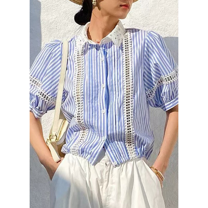 Hollow Striped Blouses Out Summer Blue Cotton Fashion
