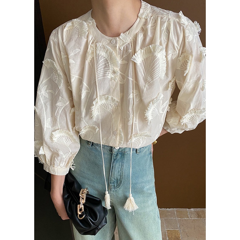 Loose Up Tasseled Blouses Cotton Lace Bracelet Beige Embroidered