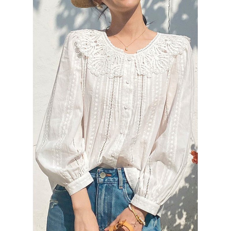 Out Blouses New Embroidered Beige Hollow Cotton Spring