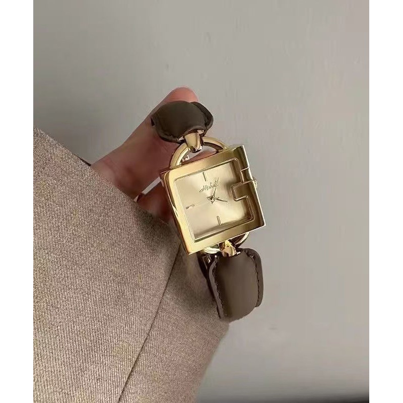 Quartz Square Gold Patchwork Brown Movement Chain Vintage Leather