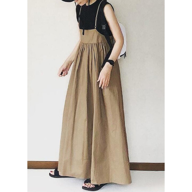 Spaghetti Strap Long Dress Wrinkled Khaki Handmade Patchwork