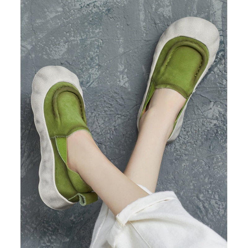 Splicing Platform Shoes Feet Handmade Flat Cowhide Leather Green
