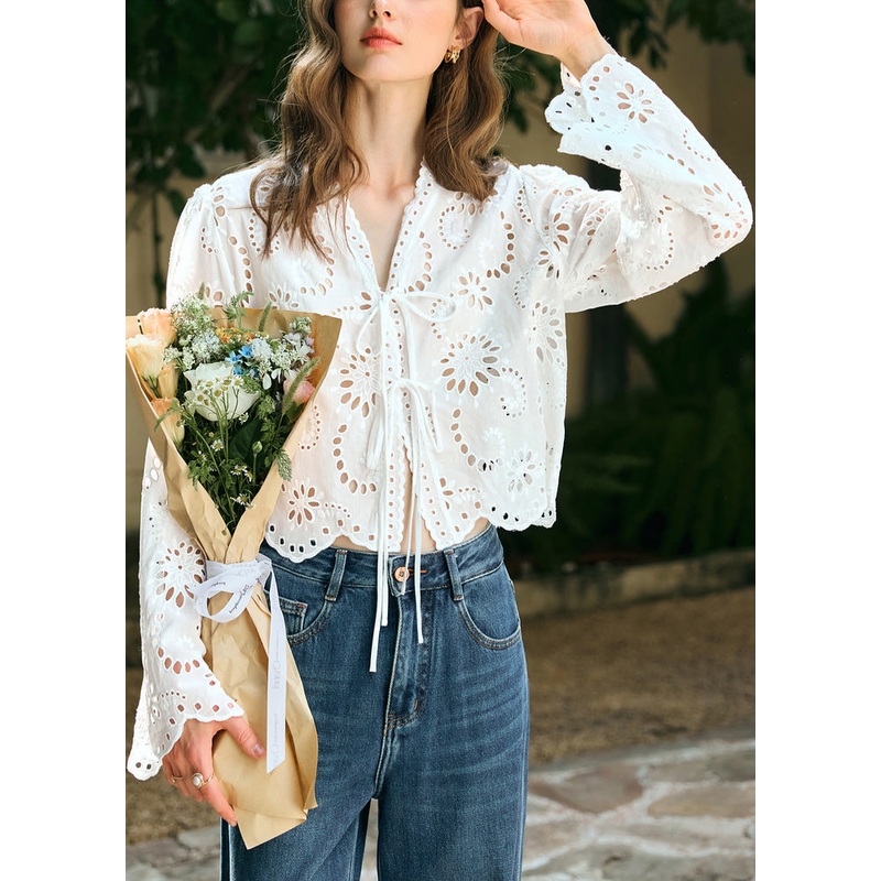 Spring Hollow Up V Stylish Lace Out Shirt Cotton Neck White