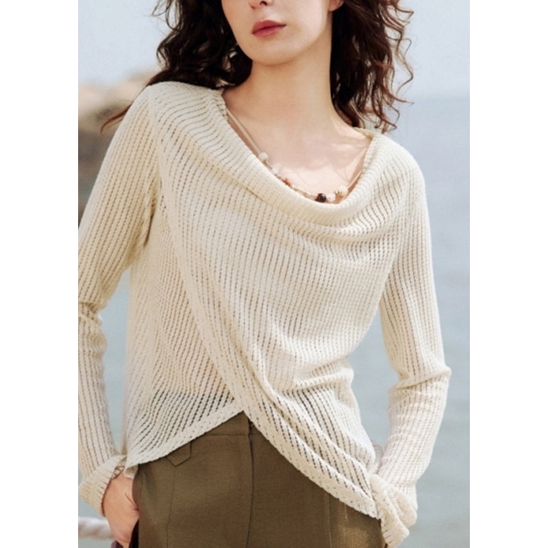 Spring Silk Handmade Asymmetrical Beige Shirt Knit Ice