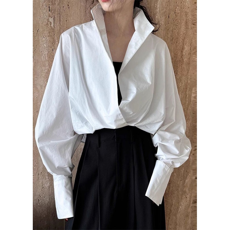 Stand Shirts Chic Collar White Solid Spring