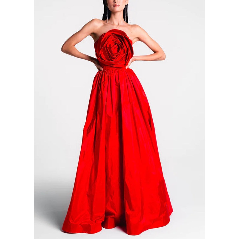 Summer Patchwork Dress Rose Shoulder Cold Red Maxi French Holiday