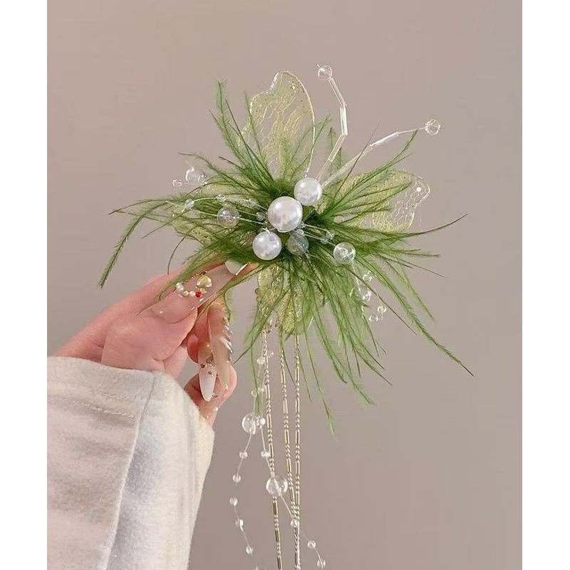 Tassel Butterfly Green Beautiful Hairpin Lace Pearl Feather