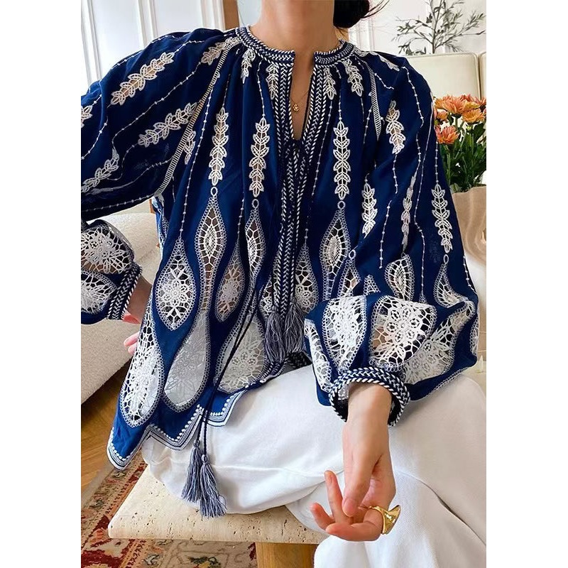 Up Spring Blouses Out Cotton Hollow Loose Lace Blue