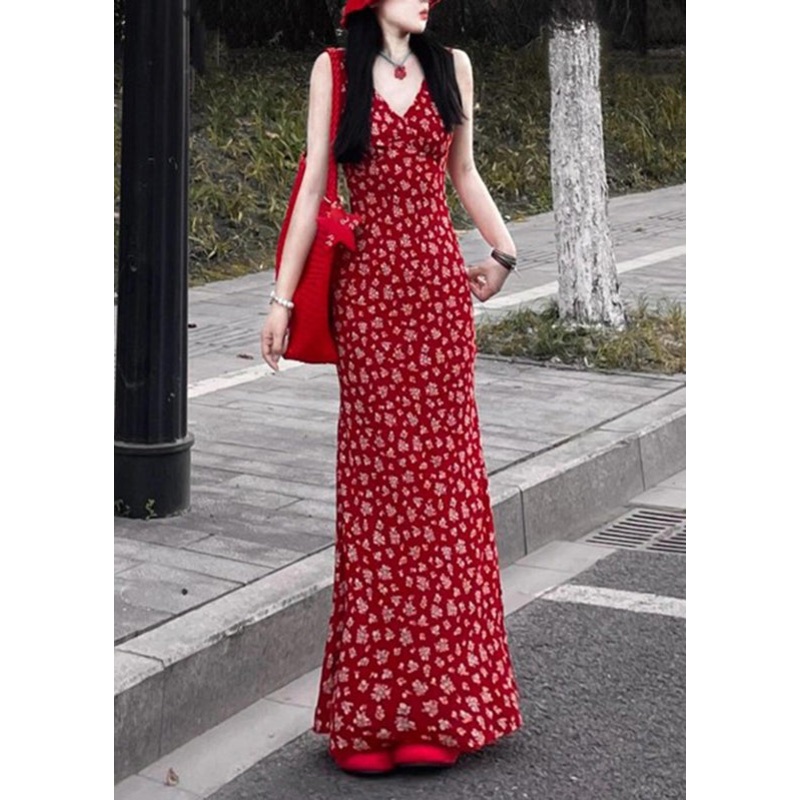 V Neck Dress Print Sleeveless Maxi Red Fashion