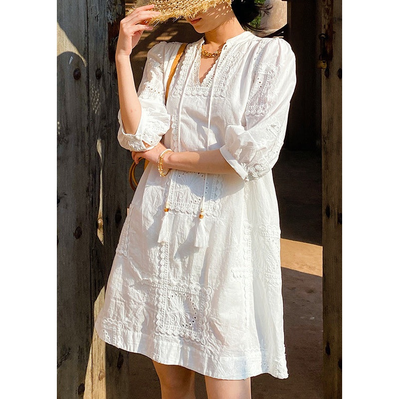 White Out Cotton V Half Hollow Sleeve Dress Pockets Neck Elegant