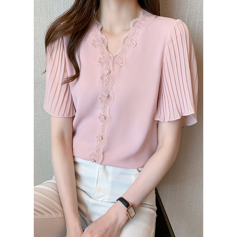 Bead Chiffon Shirt Top Patchwork Summer Pink Nail Italian Lace