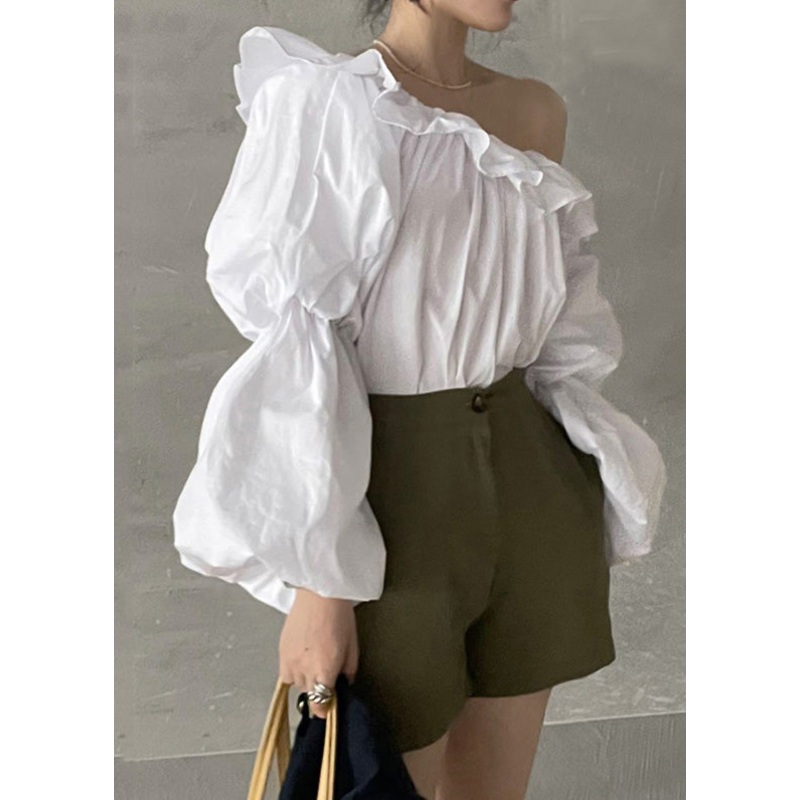 Blouse Shoulder Cotton French Cold Puff Top White Sleeve