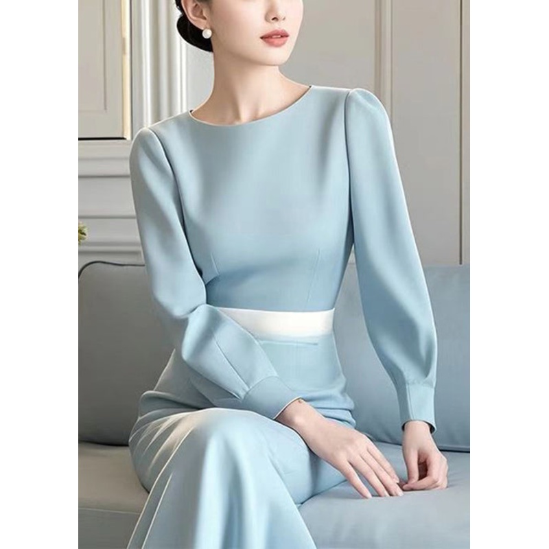 Blue Elegant O Spring Long Cotton Neck Waist High Dress