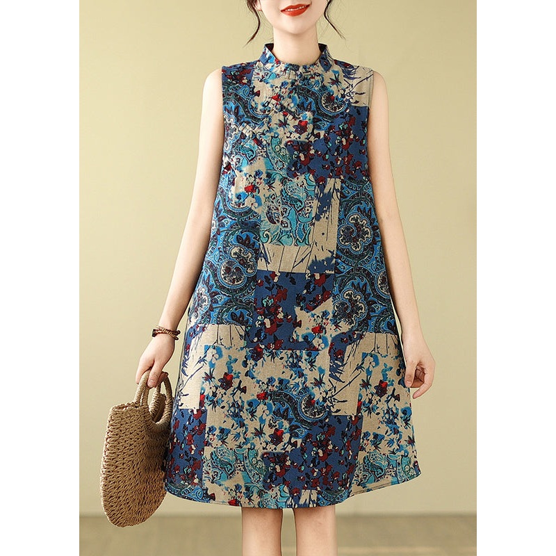 Blue Mandarin Print Collar Sleeveless Dress Art Cotton Mid