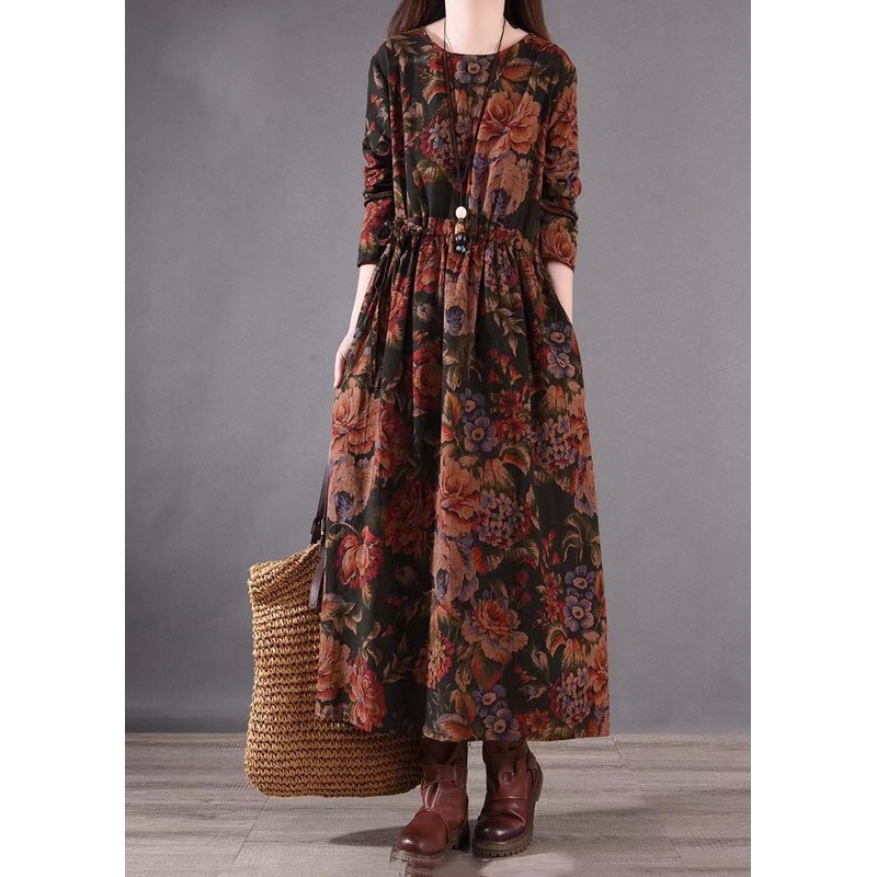 Brown Print Holiday Cotton Boutique Spring Cinched Dress