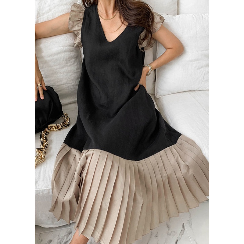 Butterfly Cotton Pleated Black Dress Sleeve Patchwork