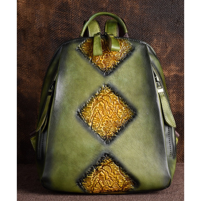 Calf Green Retro Durable Large Bag Capacity Leather Backpack