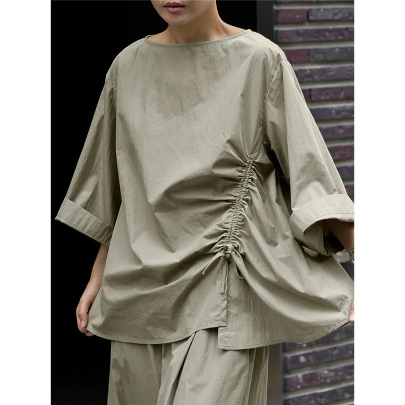 Cotton Asymmetrical Casual Sleeve Half Khaki Drawstring Top