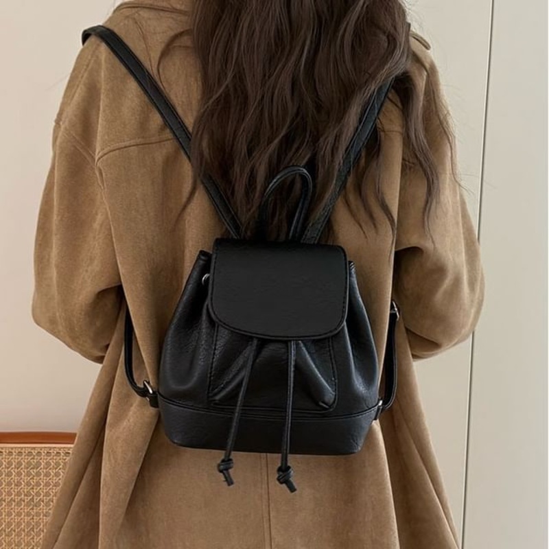 Flap Leather Backpack Faux|Black|Coffee|One Size