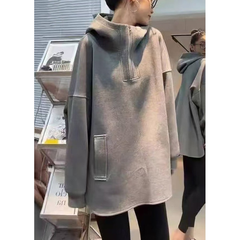 Hooded Zippered Grey Loose Spring Cotton Sweatshirts
