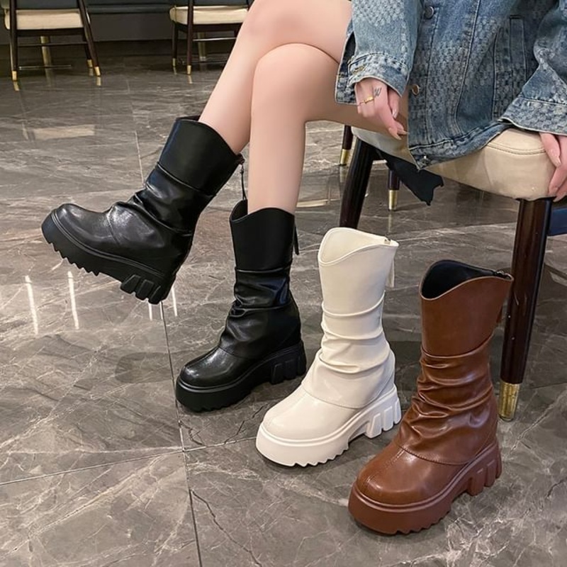 Panel Mid Platform Calf Boots|Beige|Black|Brown|34|35|36|37|38|39
