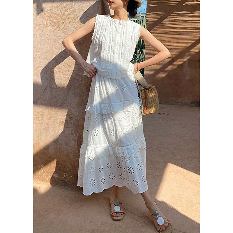 Set Cotton And Pieces White Blouses Two Out Hollow Skirts French