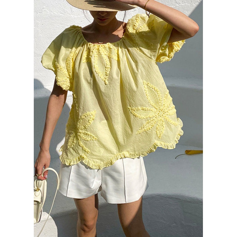 Shirts Cotton Loose Yellow Ruffled Puff Sleeve T Embroidery