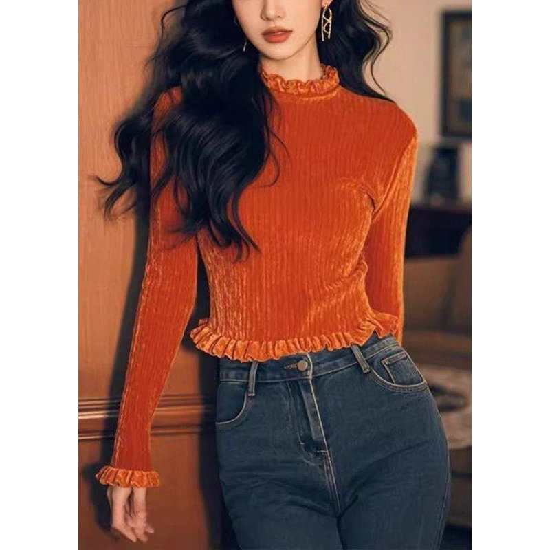 Shirts Silk Ruffled T Solid Spring Velour Women Orange