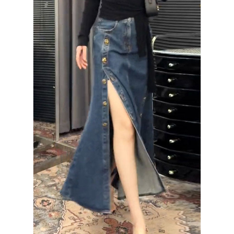 Skirts Side Spring Open French Denim Button Blue