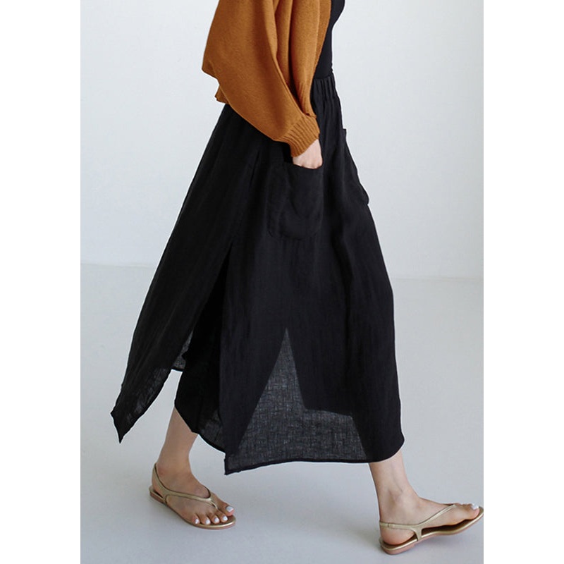 Summer Black Open Skirt Pants Simple Side Linen
