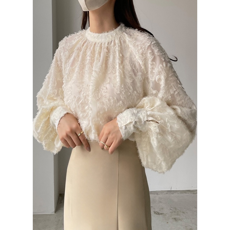 Top Classy Tasseled Beige Shirt Lantern Chiffon Sleeve