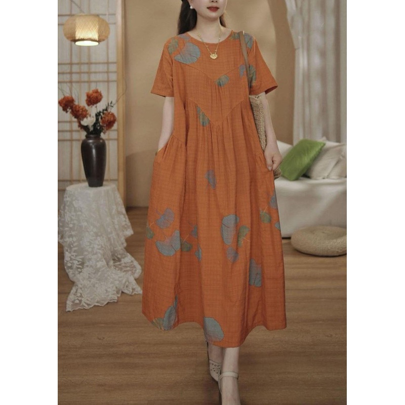 Unique Oversized Print Summer Orange Cotton Dresses Maxi