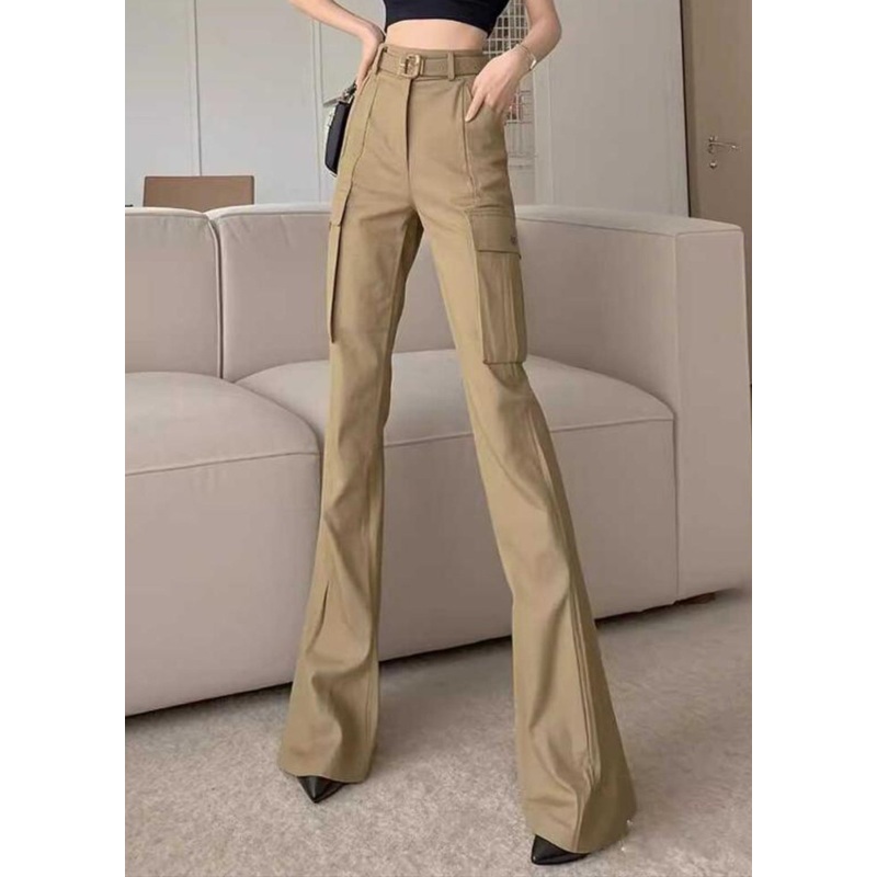 Waist Spring Pockets Cotton Bottoms Slim High Khaki Flare Fit