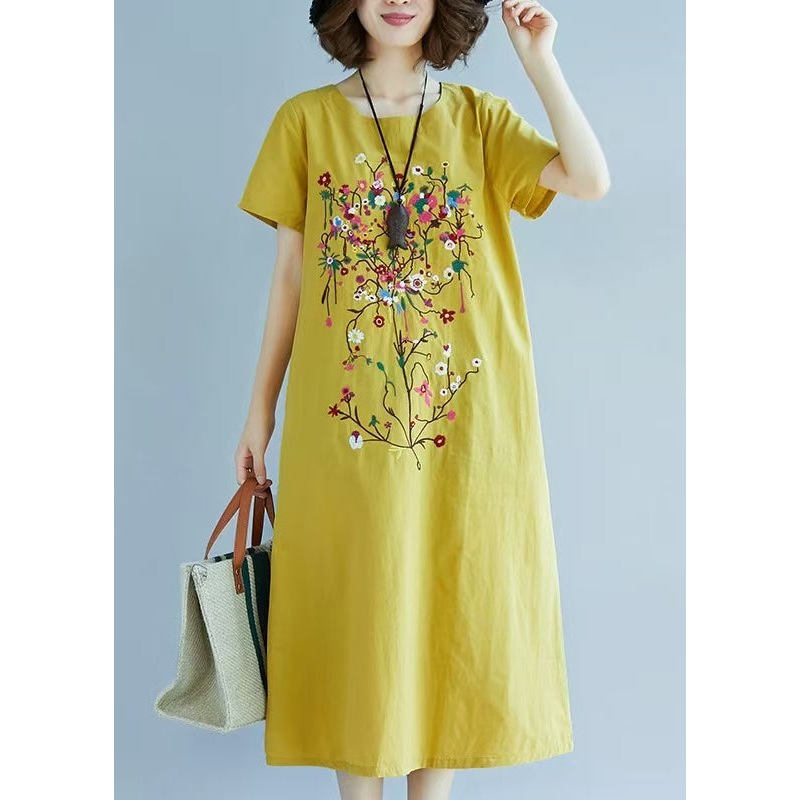Yellow Fine Chic Embroidered Dress Linen Summer