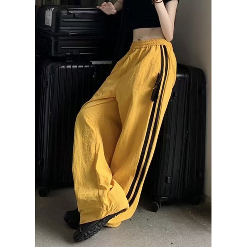 Yellow Waist Elastic Pants Spring Striped Cotton Casual