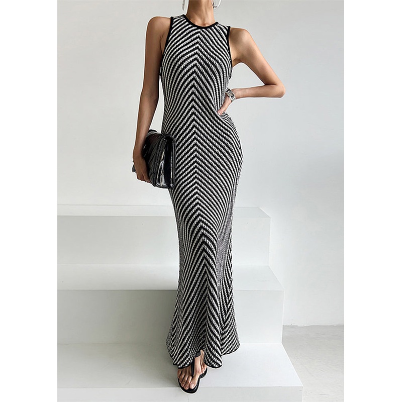 Ankle Striped Black Silm Sleeveless Fit Knit Dress