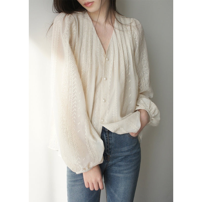 Apricot Chiffon Shirt Embroidered Art Sleeve Lantern