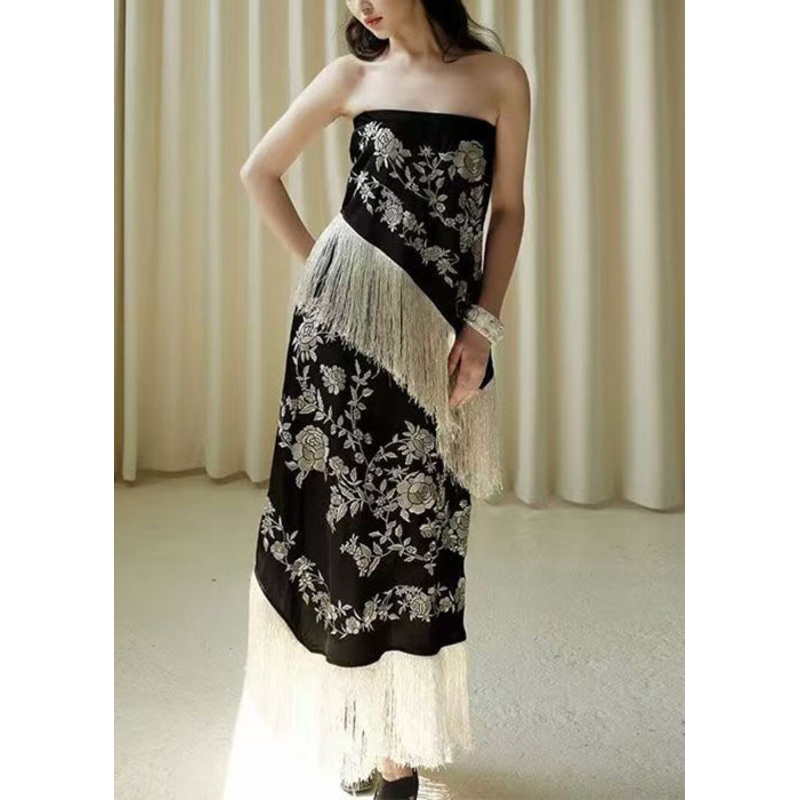 Black Novelty Dresses Sleeveless Waist Patchwork High Tasseled
