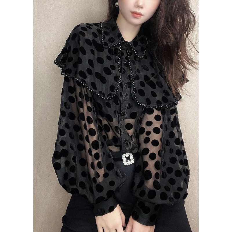 Black Unique Pan Patchwork Nail Peter Velour Collar Blouses Bead