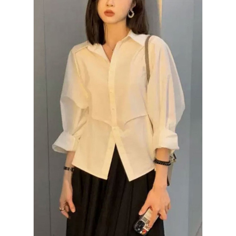 Blouse Loose Button Collar Peter White Pan Patchwork Cotton