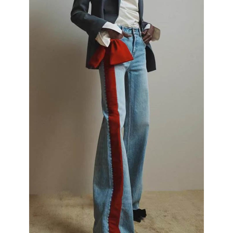 Chic Red Jeans Straight Waist High Buttoned Tied