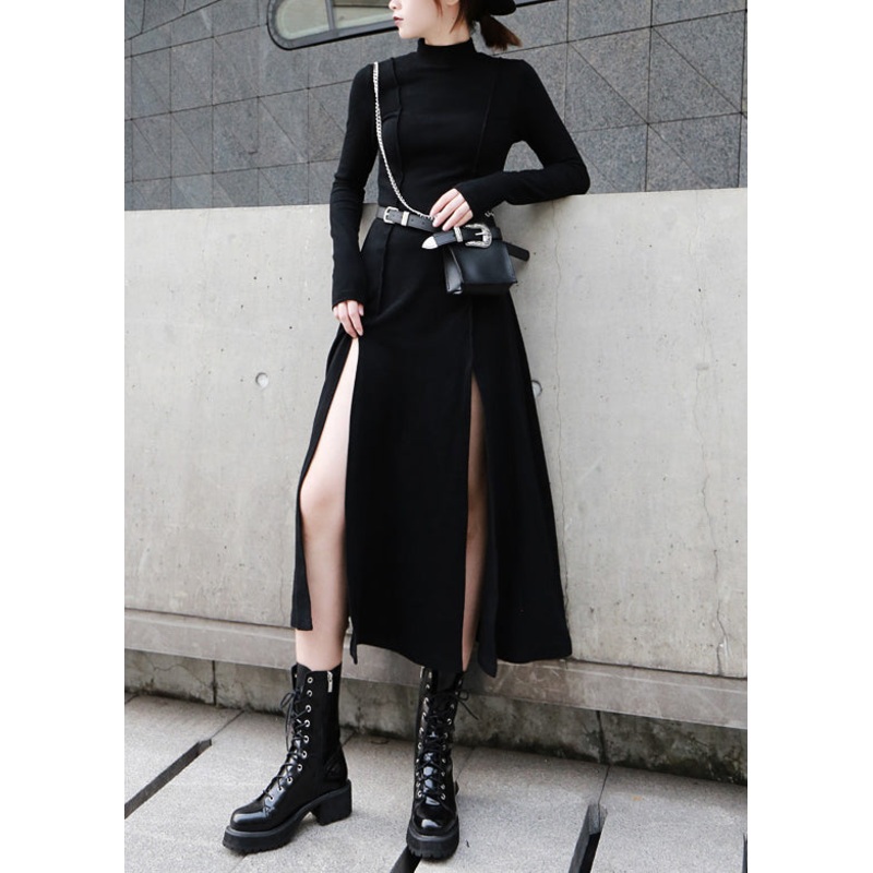 Cotton Open Long Waist Side Spring High Black Dresses