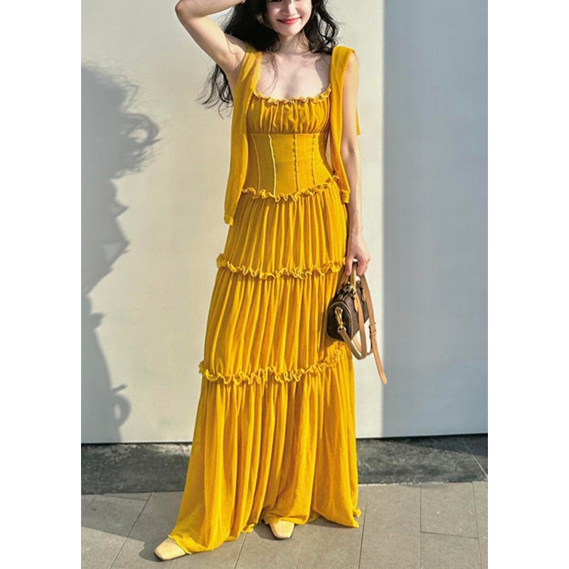 Cotton Solid Yellow Strap Sleeveless Spaghetti New Dress Ruffled