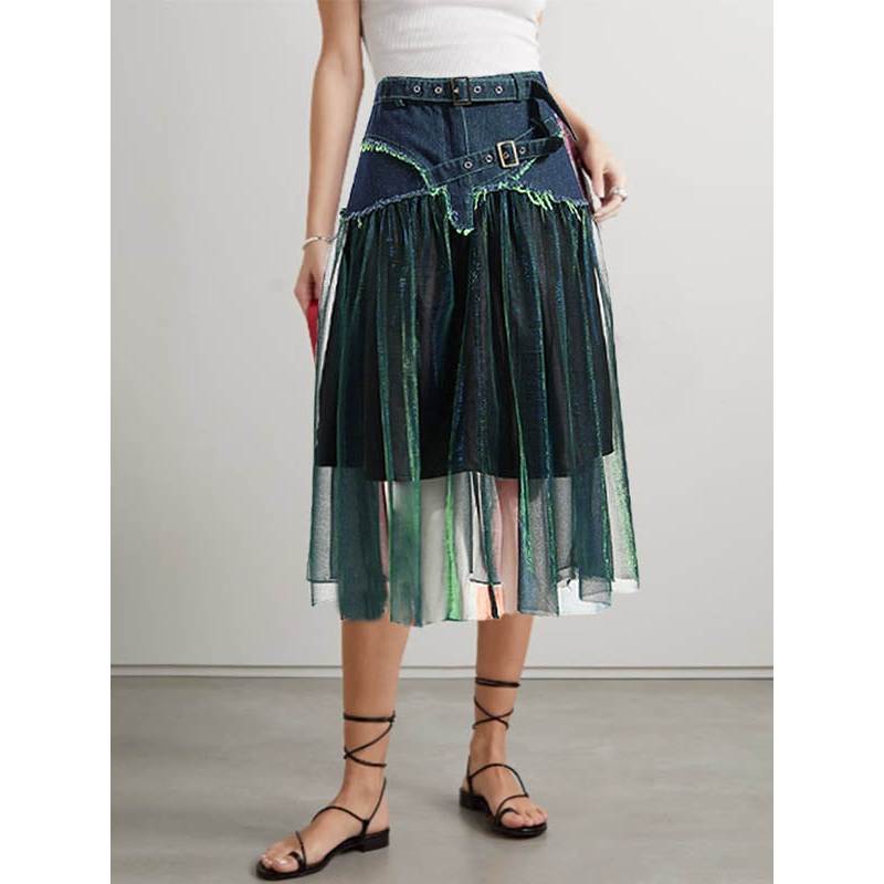 Denim A-Line Green Belted Skirt High Tulle Waisted Shiny Chic