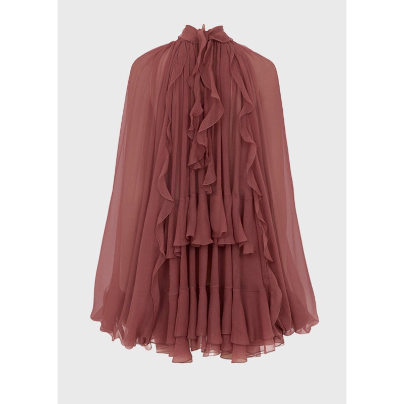 Fall Brick Patchwork Ruffled Chiffon Tops Shirt Red French