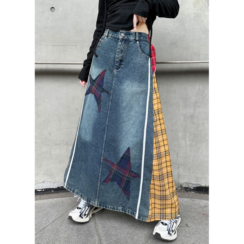 High Patchwork Spring Yellow Denim Button Skirts Plaid Waist