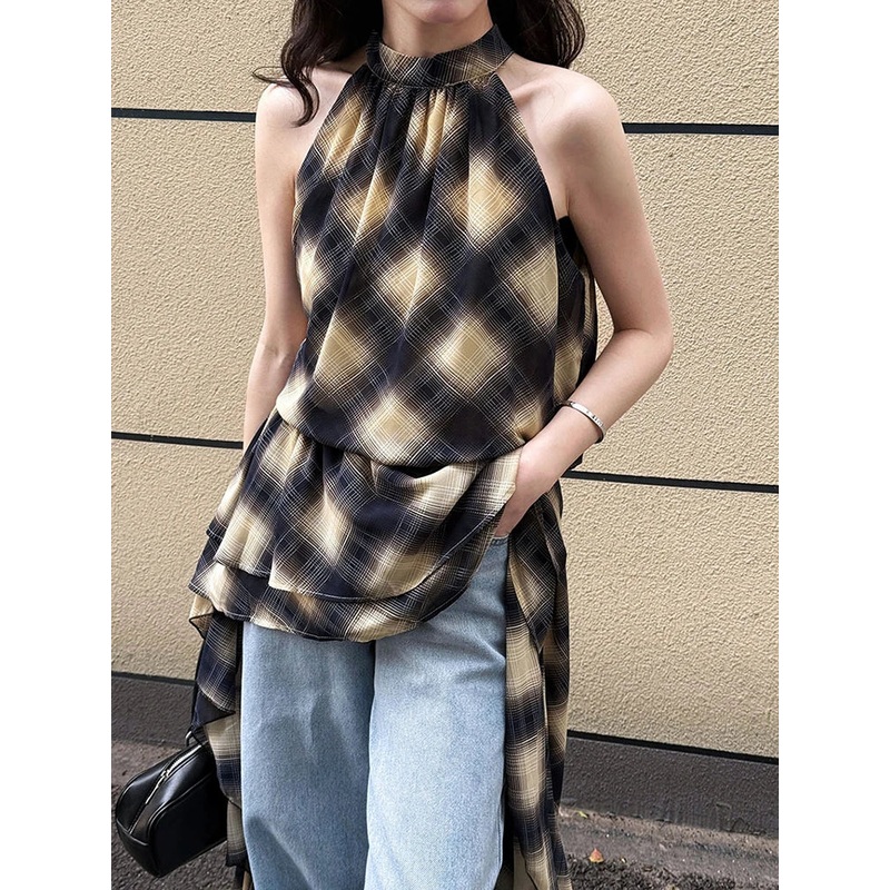 Khaki Top Plaid Asymmetric Halter Sleeveless Neck Uniaue High-Low