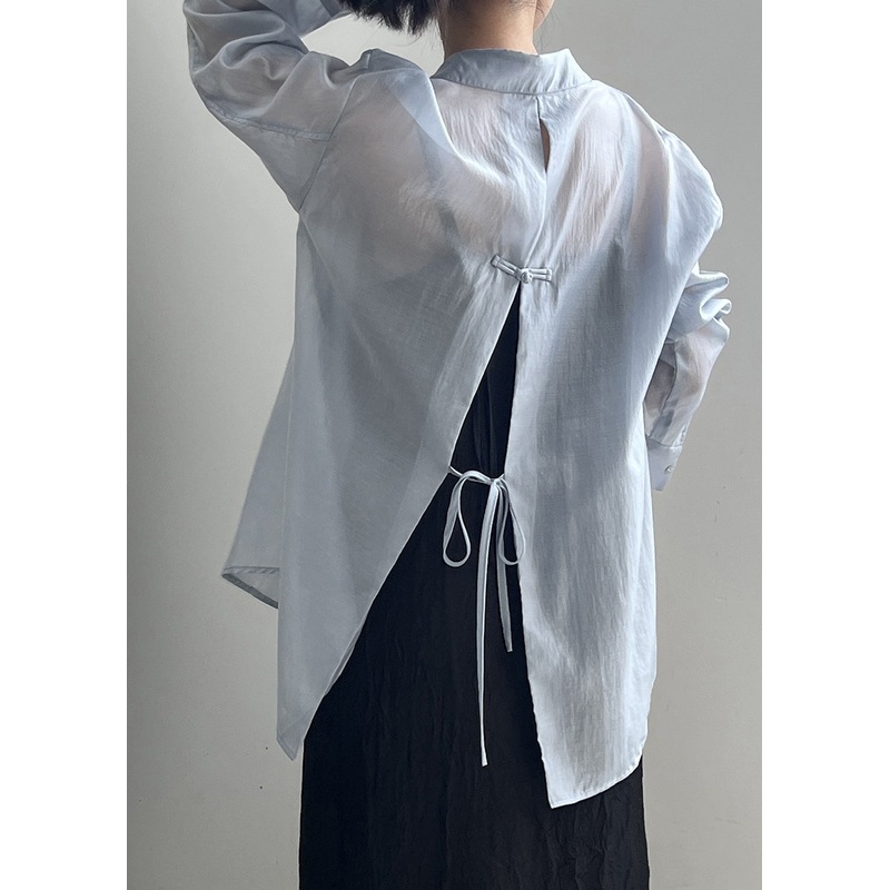 Spring Up Side Blouses Pan Open Collar Peter Lace Blue Silk