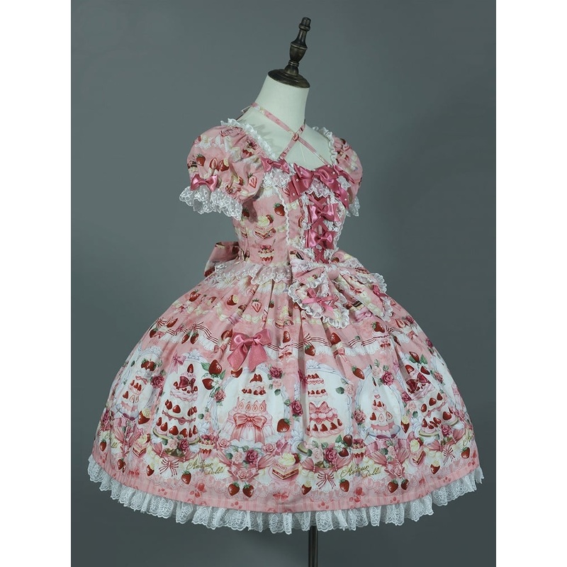 Strawberry Lolita Pink Bow Set Dress Print Cake Full Sweet Accents /